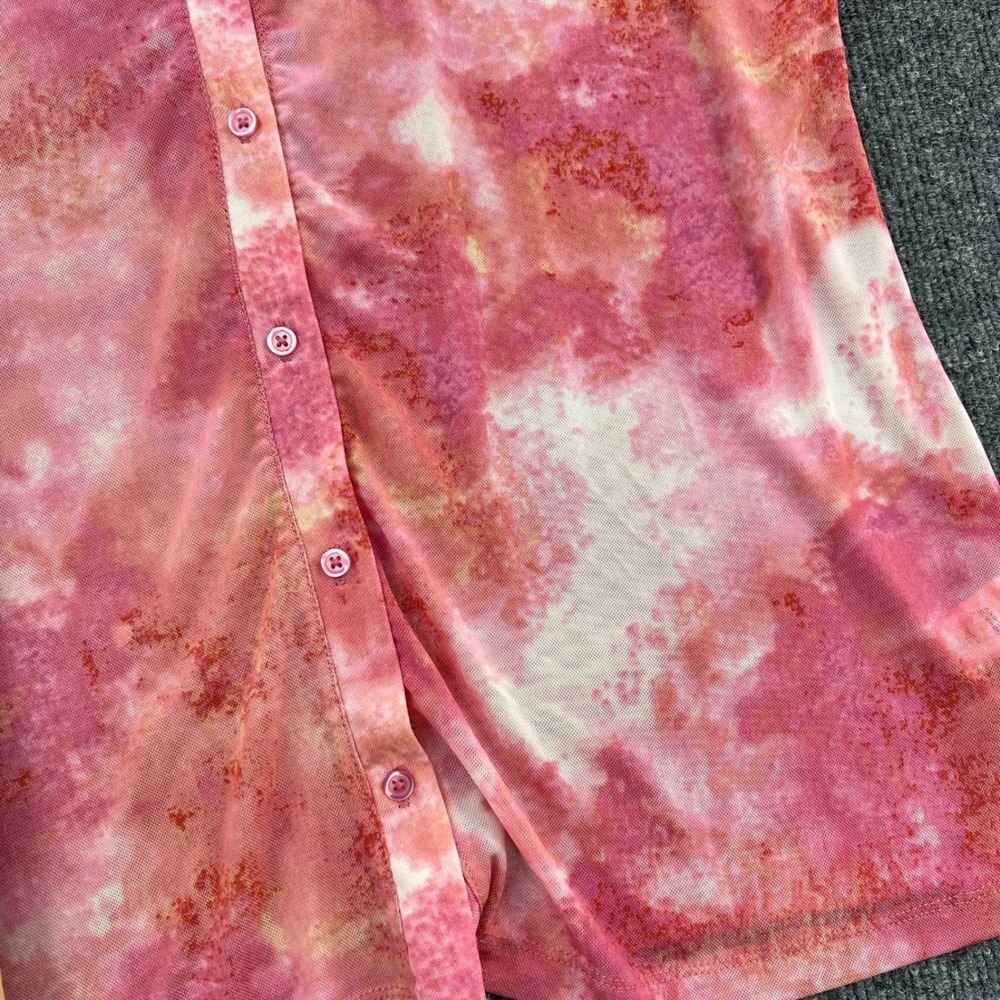 LOGO Lori Goldstein Tie Dye Mesh Button Down Top Women Small Pink Sheer Cardigan - Picture 8 of 9